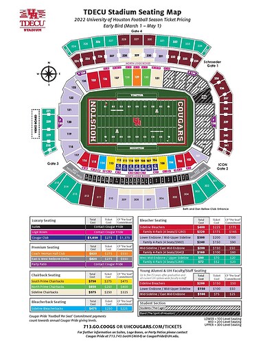 UH FB TDECU Seating Map & 2022 Prices