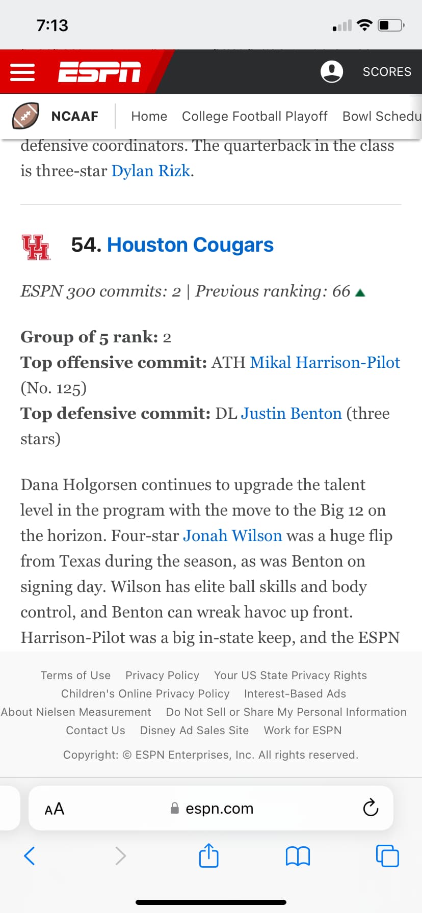 ESPN recruiting rankings Cougar Football Coogfans